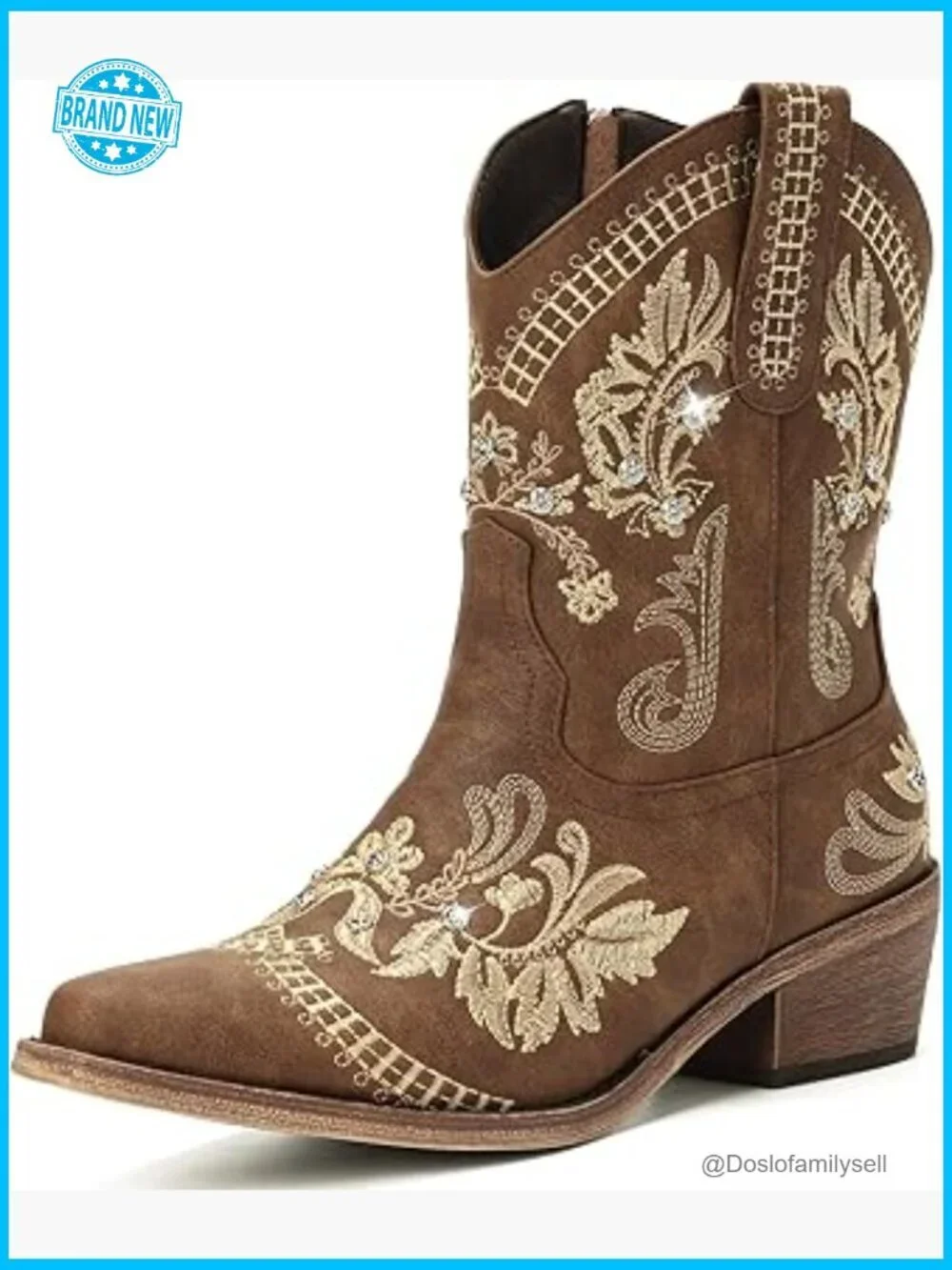 Western Embroidered Cowgirl Boots with Rhinestones Pointed Toe Chunky Heel